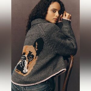Anthropologie Jesse Dog Icon Cardigan Sweater XS French bulldog